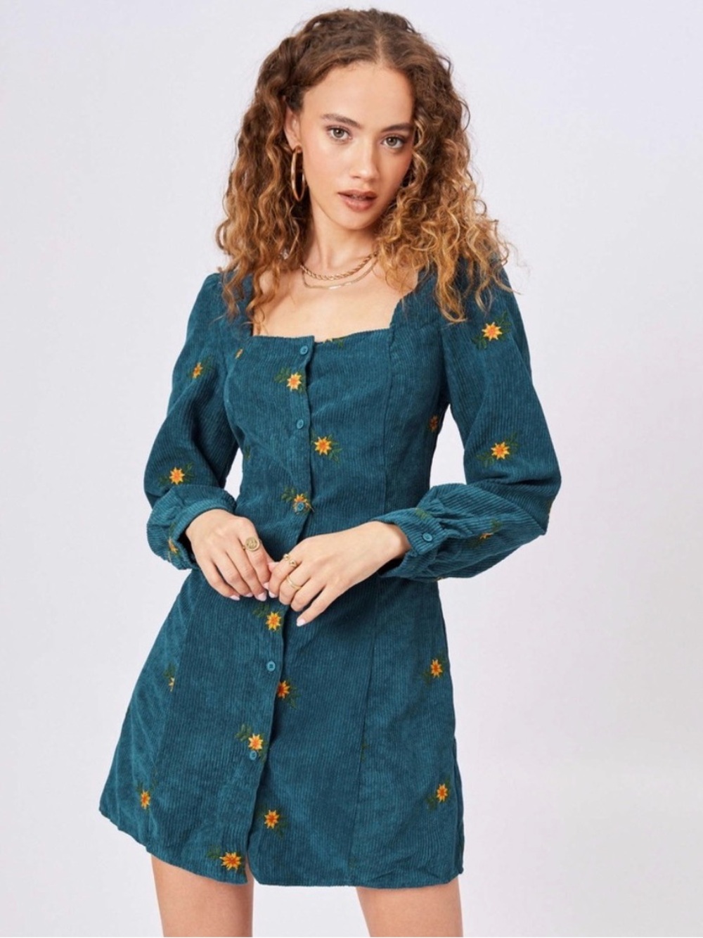 Cider NWT Teal Corduroy Floral Embroidered Square Neck Mini Dress Size Small